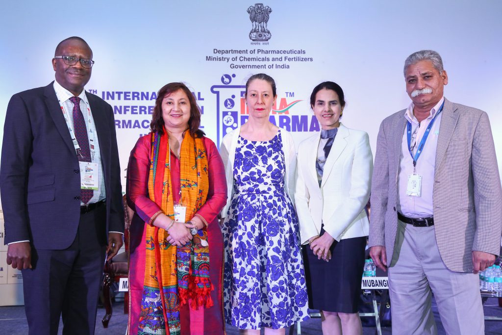 Mr Dues Mubangizi, Dr Mahur Gupta, Dr Gaby Vercauteren, Dr Manisha Shridhar and Mr Emmanuel Patras in a joint session, at the Medical Devices and Indian Pharma Conference, 2019