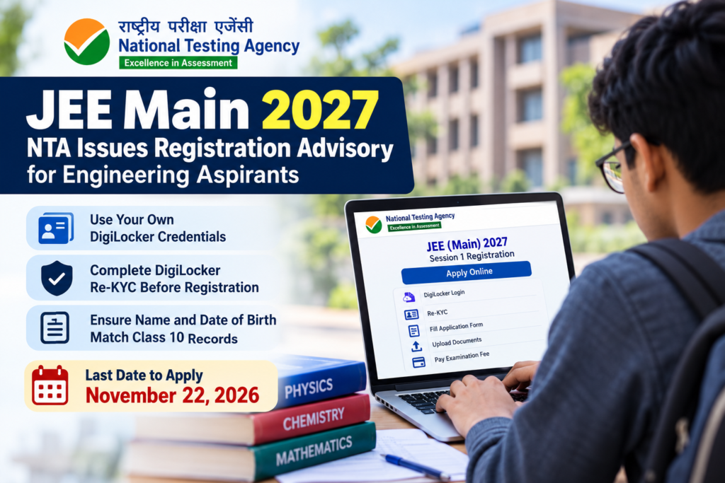 JEE Main 2027 registration advisory issued by NTA for engineering aspirants. Official source for editorial verification: NTA JEE Main 2027 Registration and Advisory