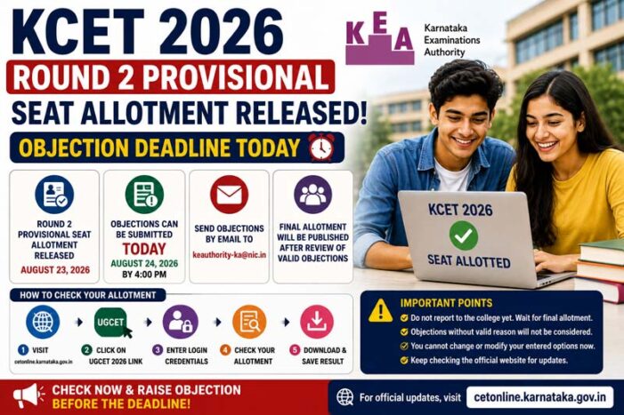 KCET 2026 Round 2 Provisional Seat Allotment Released: Objection Deadline Today