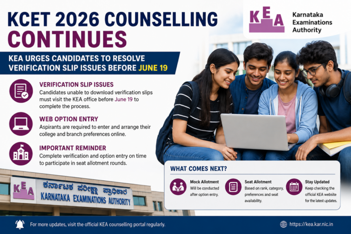 KCET 2026 Counselling Continues; KEA Urges Candidates to Resolve Verification Slip Issues