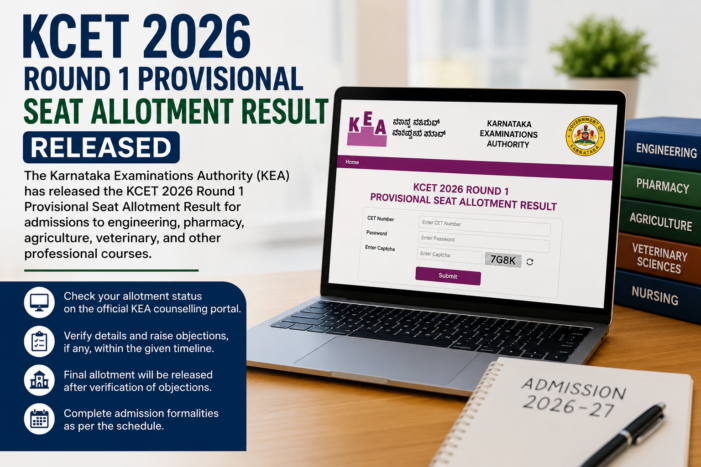 KCET 2026 Round 1 Provisional Seat Allotment Result Released