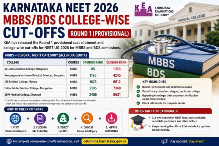 Karnataka NEET 2026 MBBS/BDS College-wise Cut-offs: Round 1 Ranks and Admission Guide