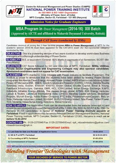 Admission to MBA Course on at National Power Training Institute